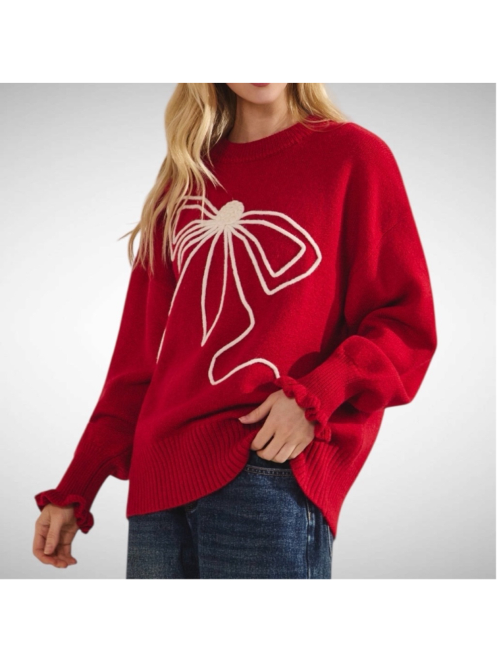 Sage + Fig The Big Bow Holiday Sweater in Cherry Red Size L